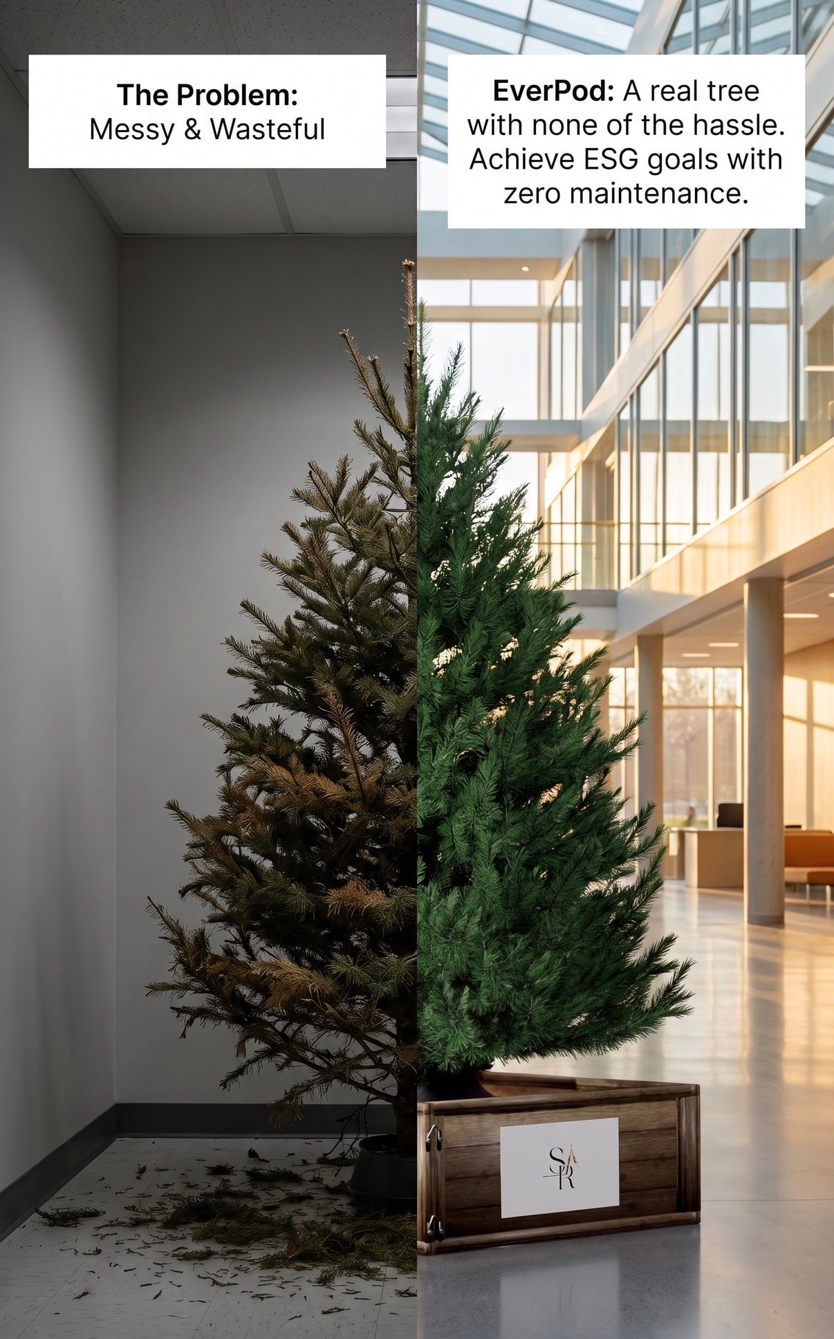 A stressed or dying Christmas tree — the problem EverPod™ is designed to solve