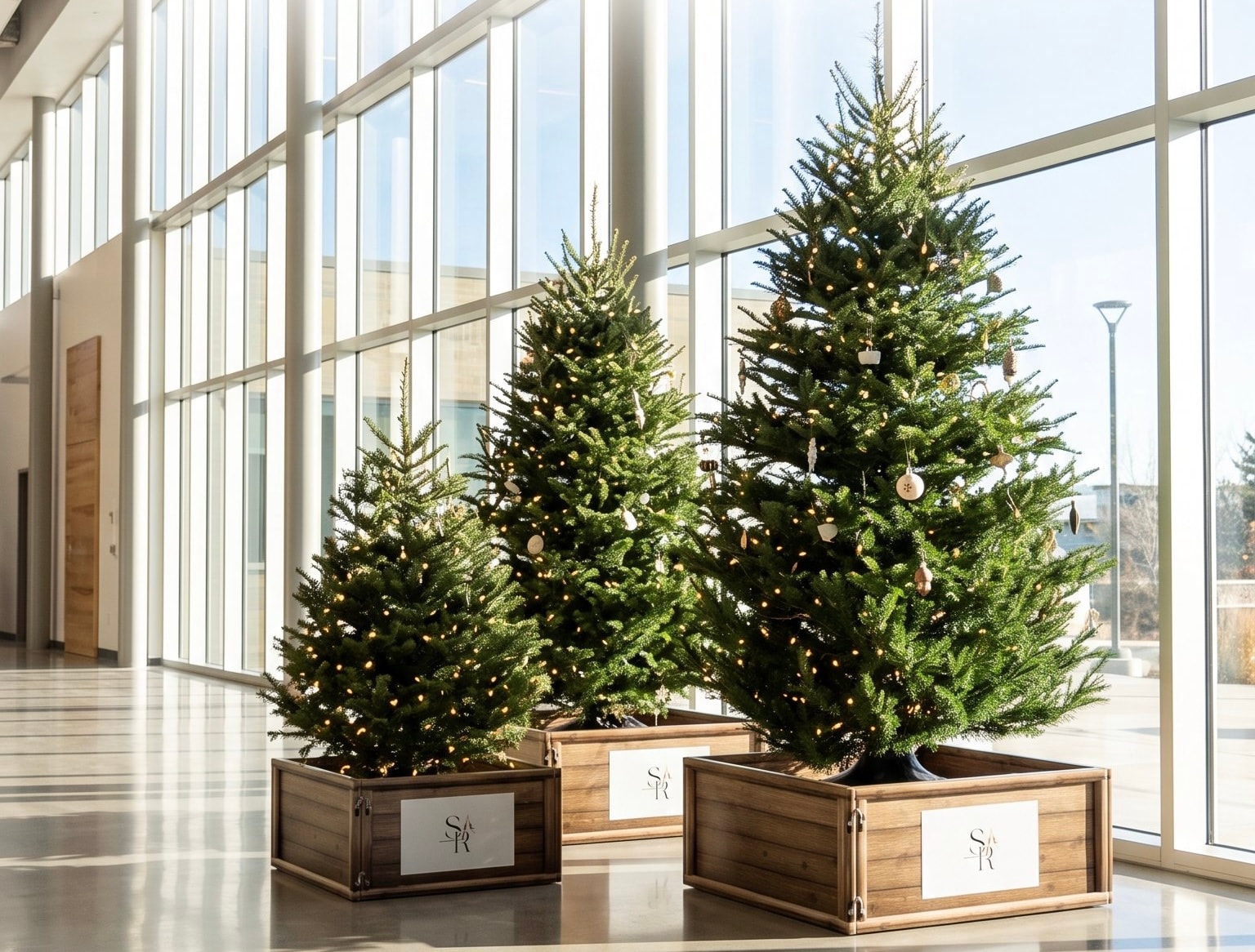 A living evergreen tree in a branded wooden planter in a residential or commercial setting
